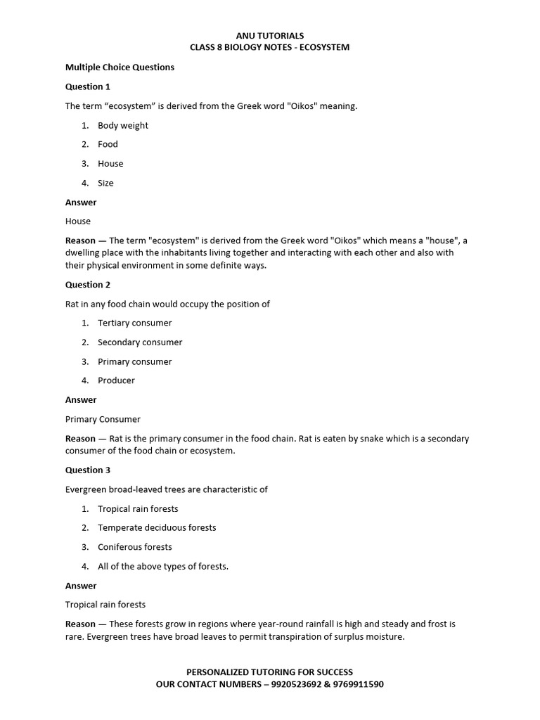 Anu Tutorials - Class 8 Biology Notes - Ecosystem | PDF | Herbivore ...