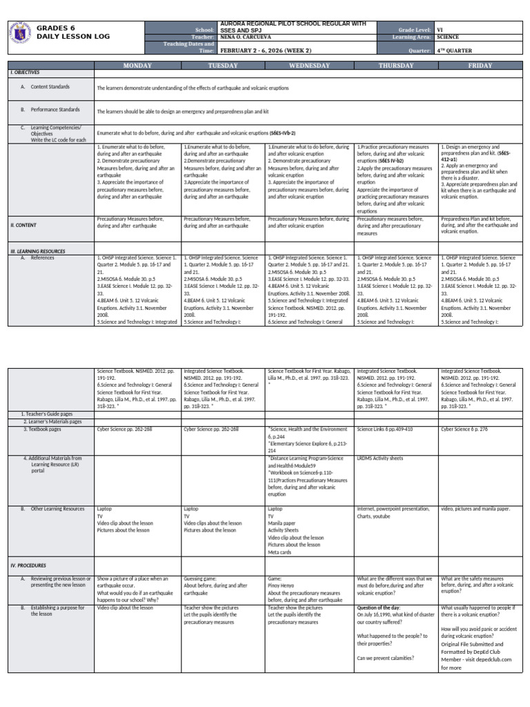 DLL - Science 6 - Q4 - W2 | PDF | Volcano | Volcanic Ash