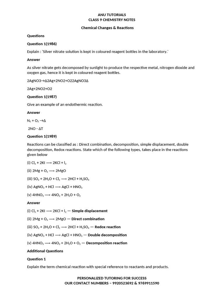 Anu Tutorials Class 9 - Chemistry Notes | PDF | Chemical Reactions ...