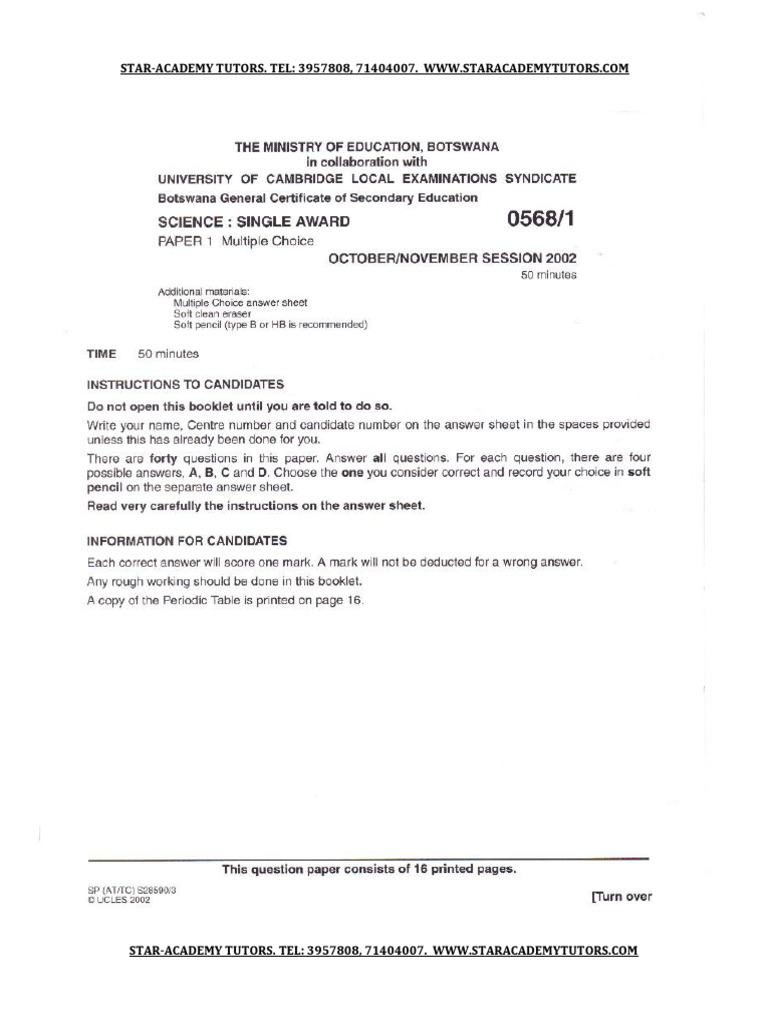 BGCSE Science (Single Award), Paper 1, 2002 | PDF