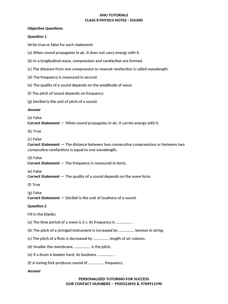 Anu Tutorials Class 8 Physics Notes - Sound | PDF | Sound | Pitch (Music)
