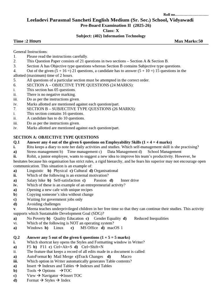 10TH Preboard 1 It 2025 - 26 | PDF | Databases | Data Model