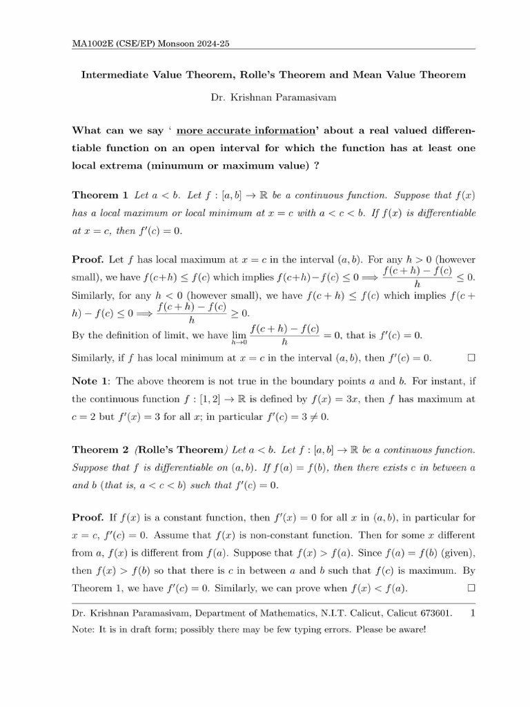 MA1002E Inter Mediate Theorem Rolle's Theoem Mean Value Theorem | PDF