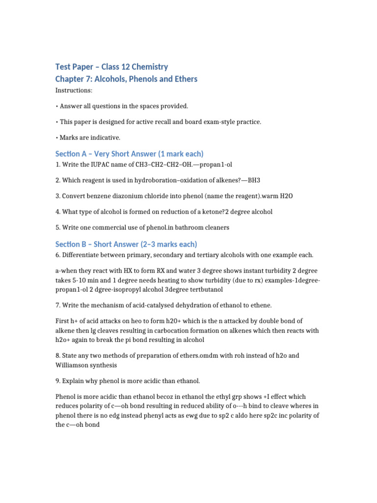 Test Alcohols Phenols Ethers | PDF | Ether | Alkene