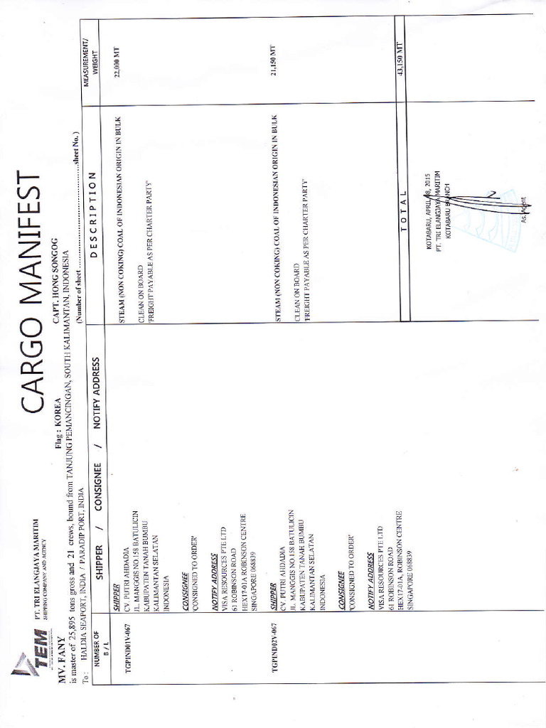 Cargo Manifest | PDF