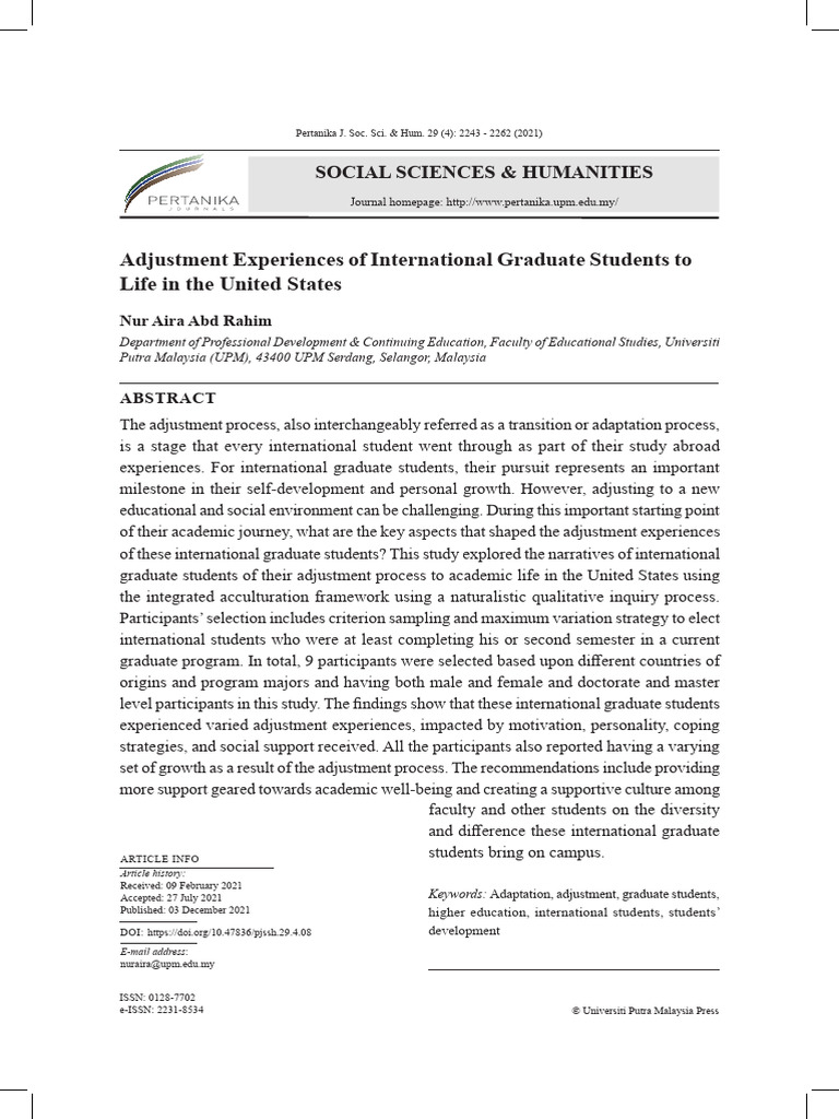 Adjustment Experiences of International Graduate Students To Life in ...