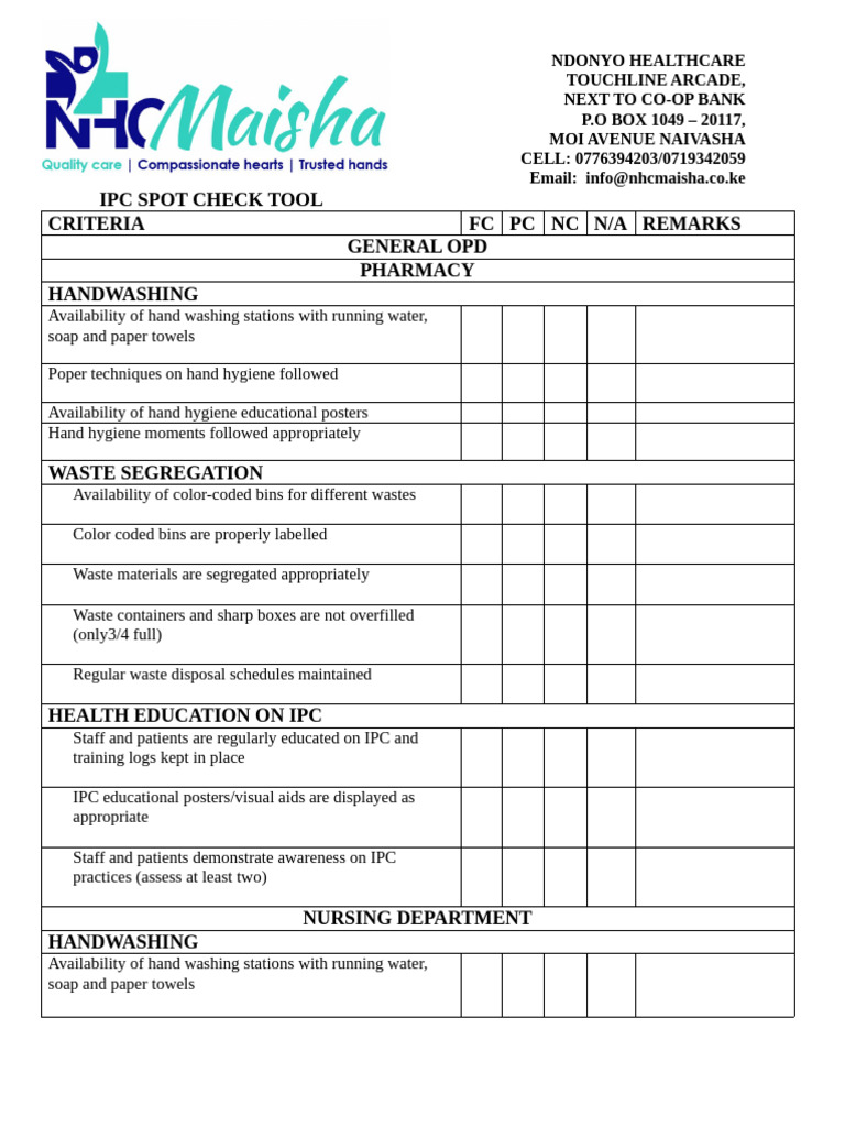 NHC Maisha Ipc Spot Check Tool | PDF | Hand Washing | Hygiene