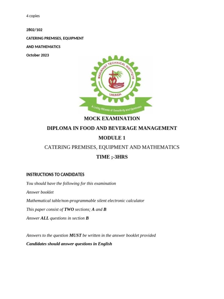 Food & Beverage Catering Premises & Maths Paper | PDF
