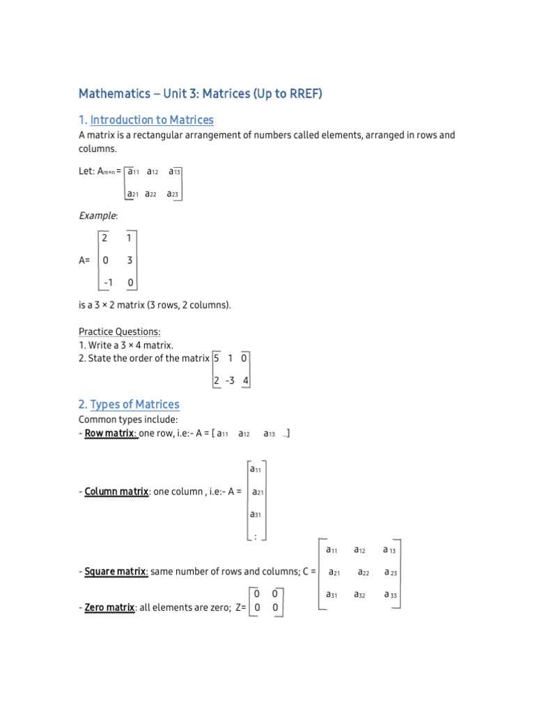 Grade 11 Unit 3 Matrices Summary | PDF | Matrix (Mathematics) | Mathematics