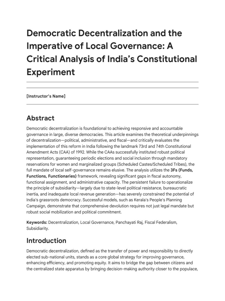 Democratic Decentralization and Local Governance | PDF ...