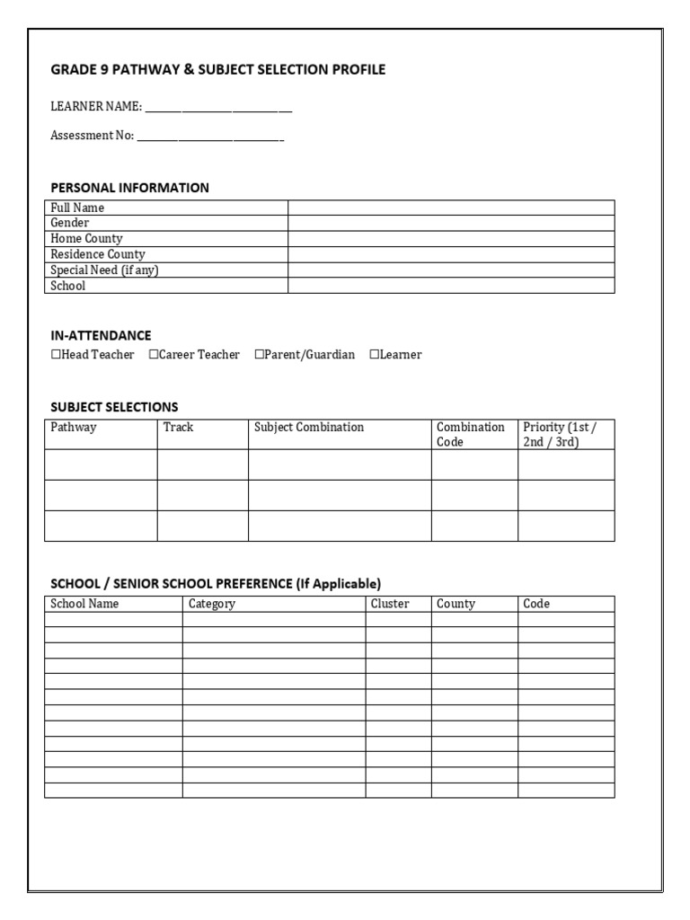 Grade 9 Pathway Selection Profile Format | PDF