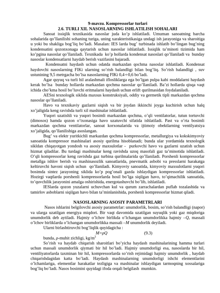 9-Mavzu. Kompressorlar Turlari 2.6. Turli Xil Nasoslarning Ishlatilish ...
