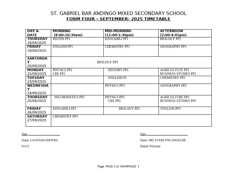 Form Four End Term 1 2025 Timetable | PDF