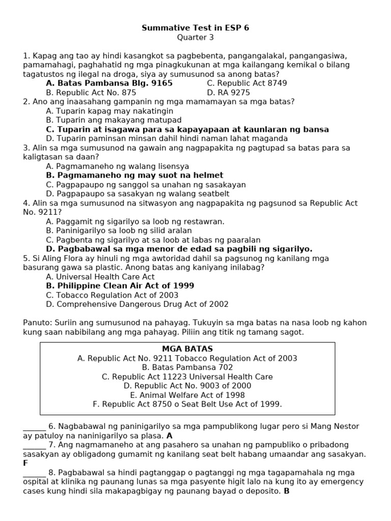 Summative Test in ESP 6 | PDF