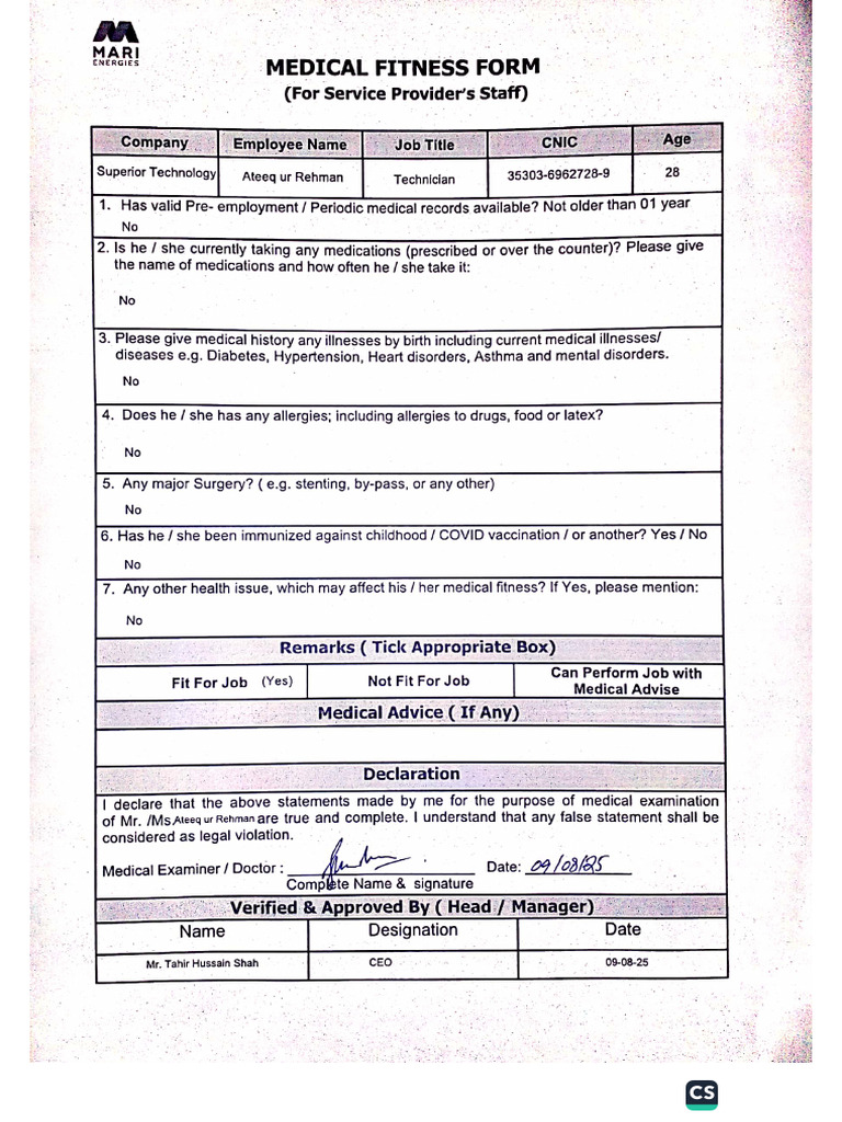 Medical Fitness Form | PDF