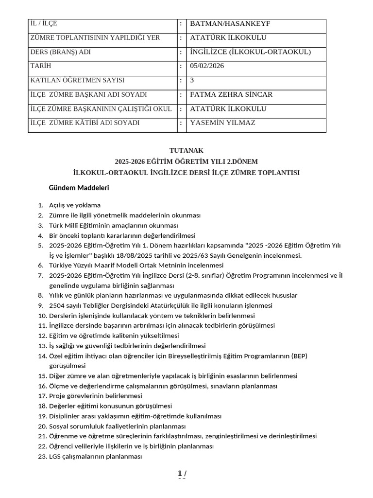 FATMA HOCA Sene Başı İl Zümre Toplantı Tutanağı | PDF