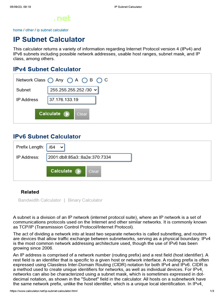 IP Subnet Calculator | PDF | Ip Address | Networking Standards