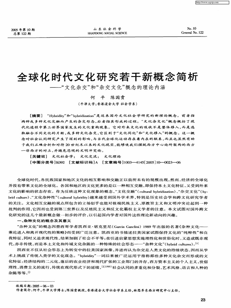 全球化时代文化研究若干新概念简析