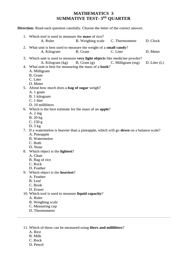 Math - Summative Test | PDF | Litre | Kilogram