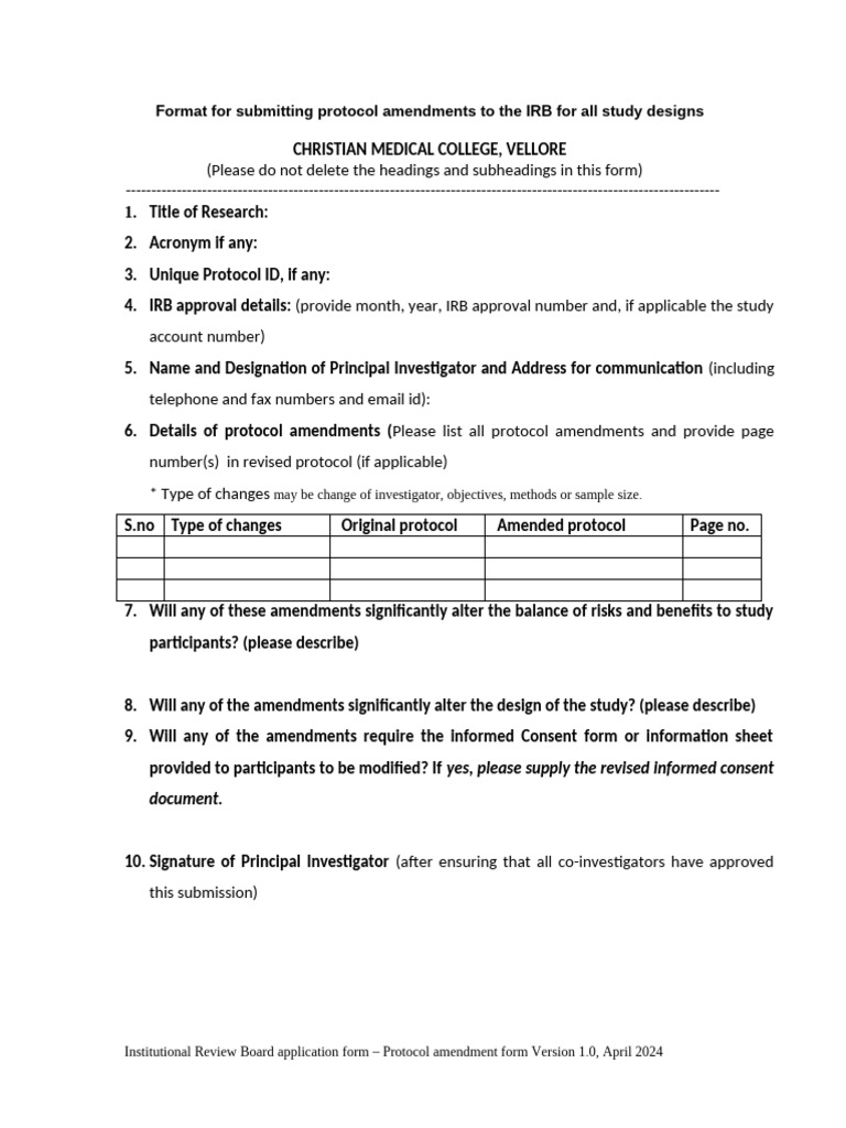 Format For Submitting Protocol Amendments | PDF