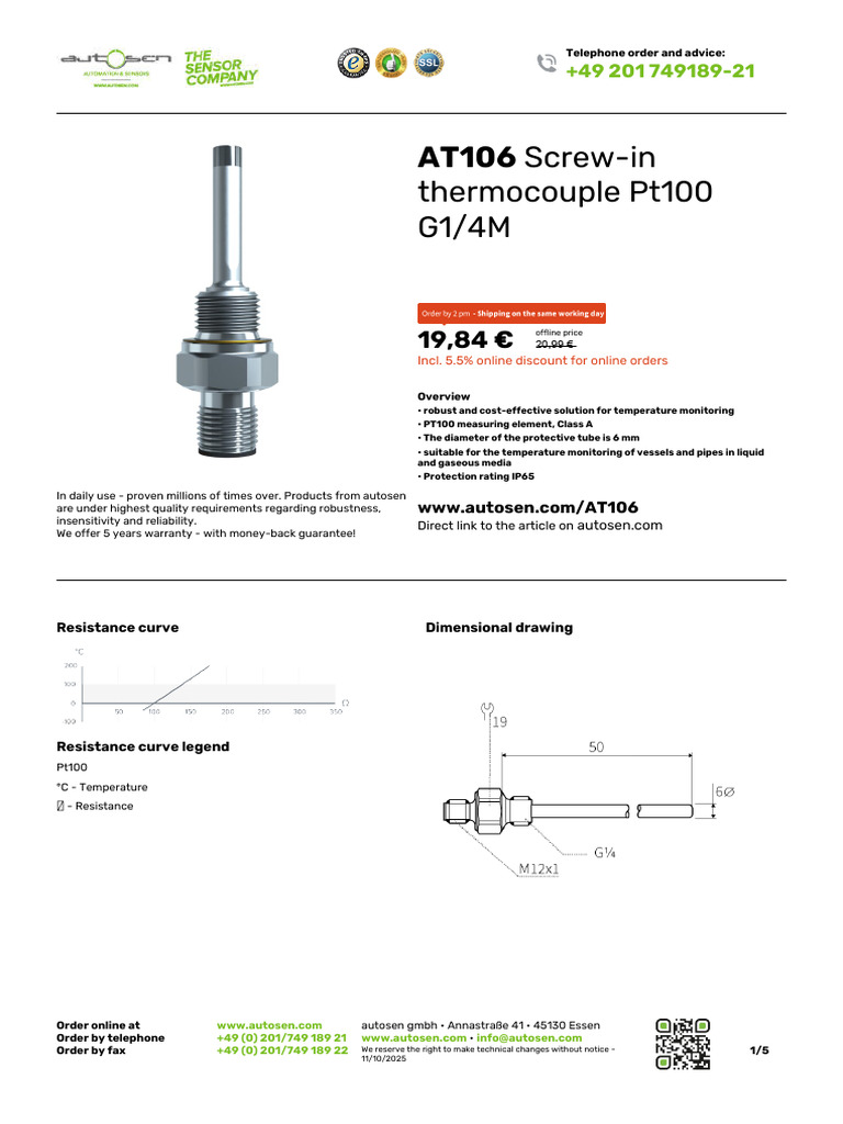 Screw-In Thermocouple Pt100 G1_4M-AT106 | PDF | Electrical Connector ...