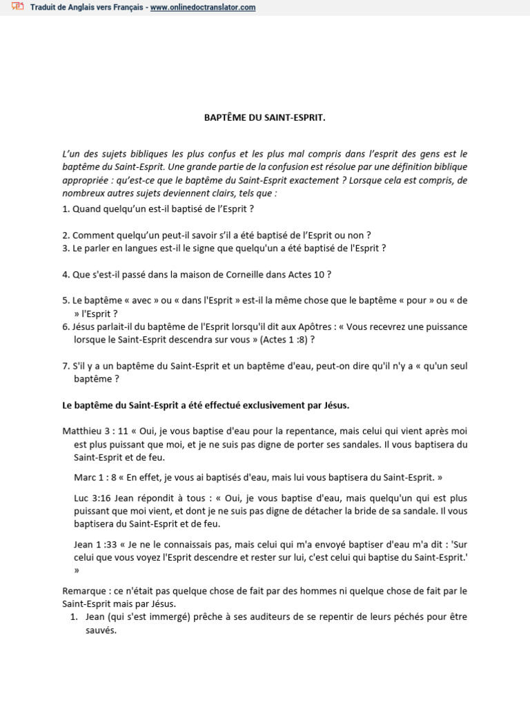 BAPTISM WITH THE HOLY SPIRIT en Français | PDF | Baptisme | Baptême du ...