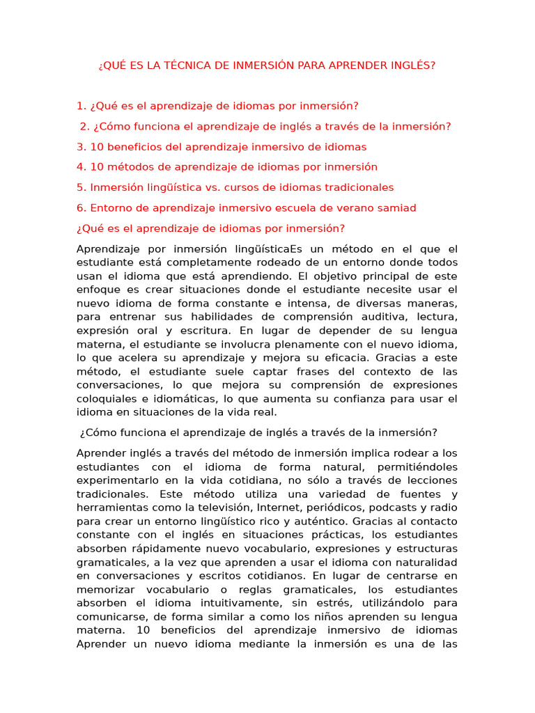 Qué Es La Técnica de Inmersión para Aprender Inglés | PDF | Aprendizaje ...