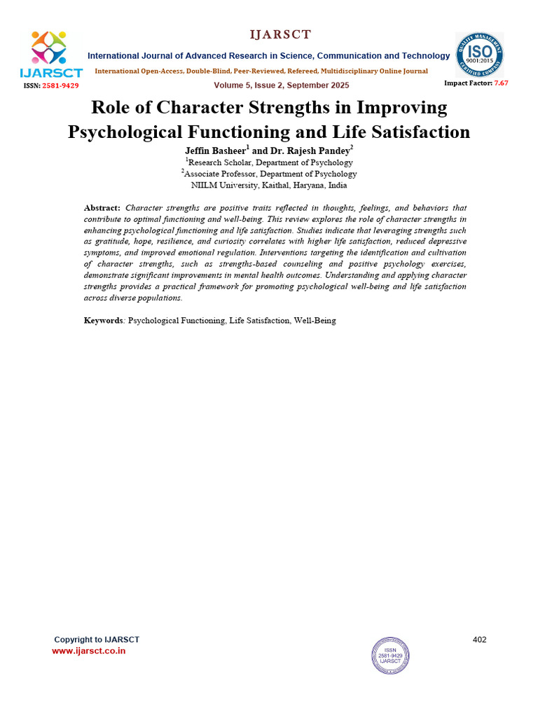 Role of Character Strengths in Improving Psychological Functioning and ...