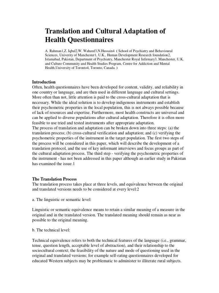 Translation and Cultural Adaptation of Health Questionnaires | PDF ...