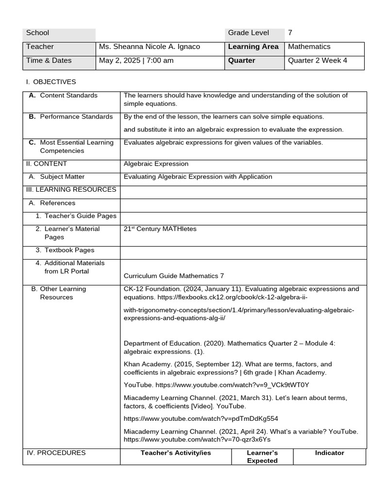Detailed LP - Math 7 Q2 W4 | PDF | Learning | Mathematics