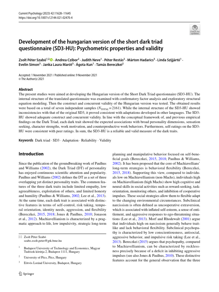 Development of The Hungarian Version of The Short Dark Triad | PDF ...
