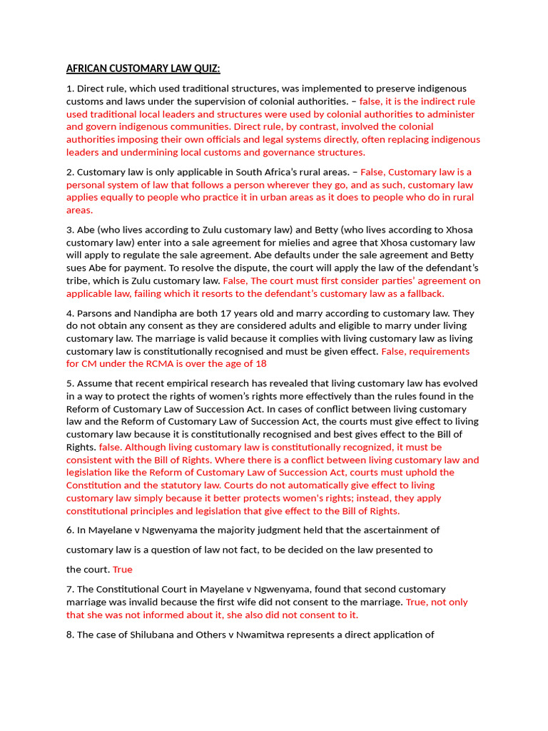 African Customary Law Quiz | PDF | Human Rights | Justice