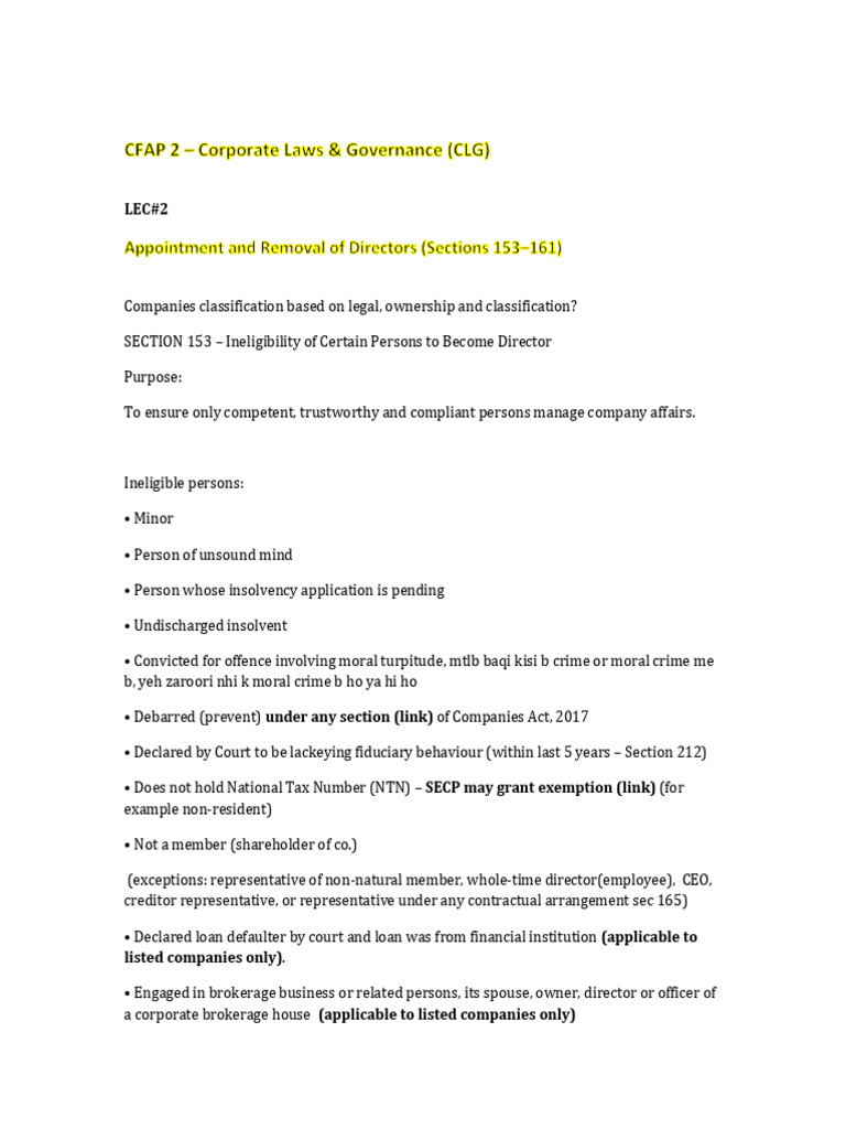 CLG Sections 153 To 161 Summary | PDF | Regulatory Compliance | Governance