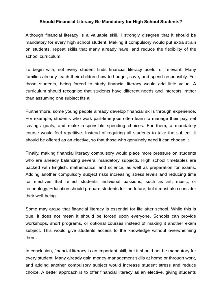 Lachlan_Financial Literacy_Persuasive Writing (Polished Version) | PDF
