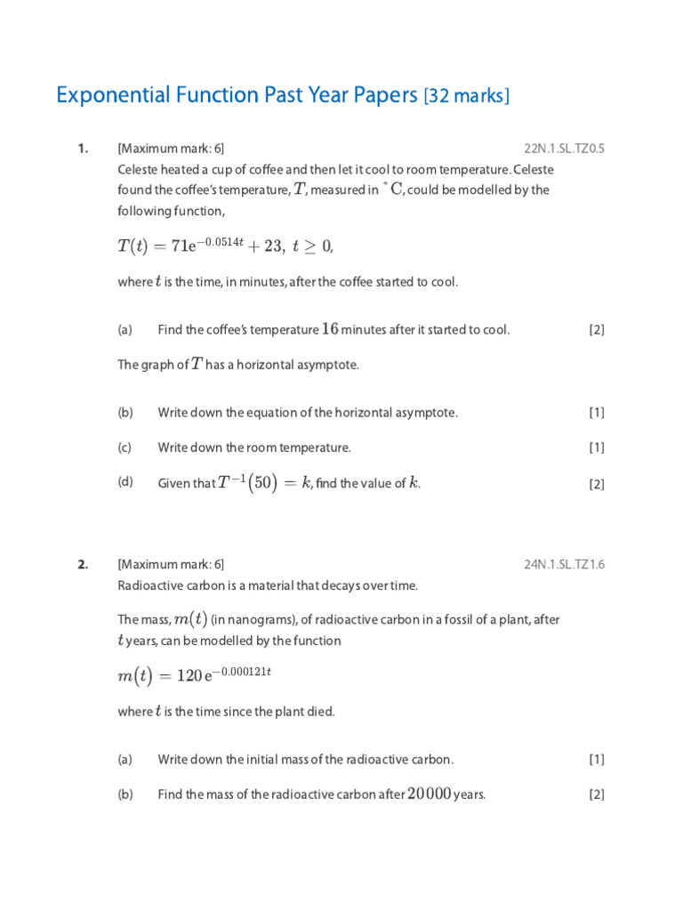 Exponential Function Past Year Papers | PDF | Radioactive Decay