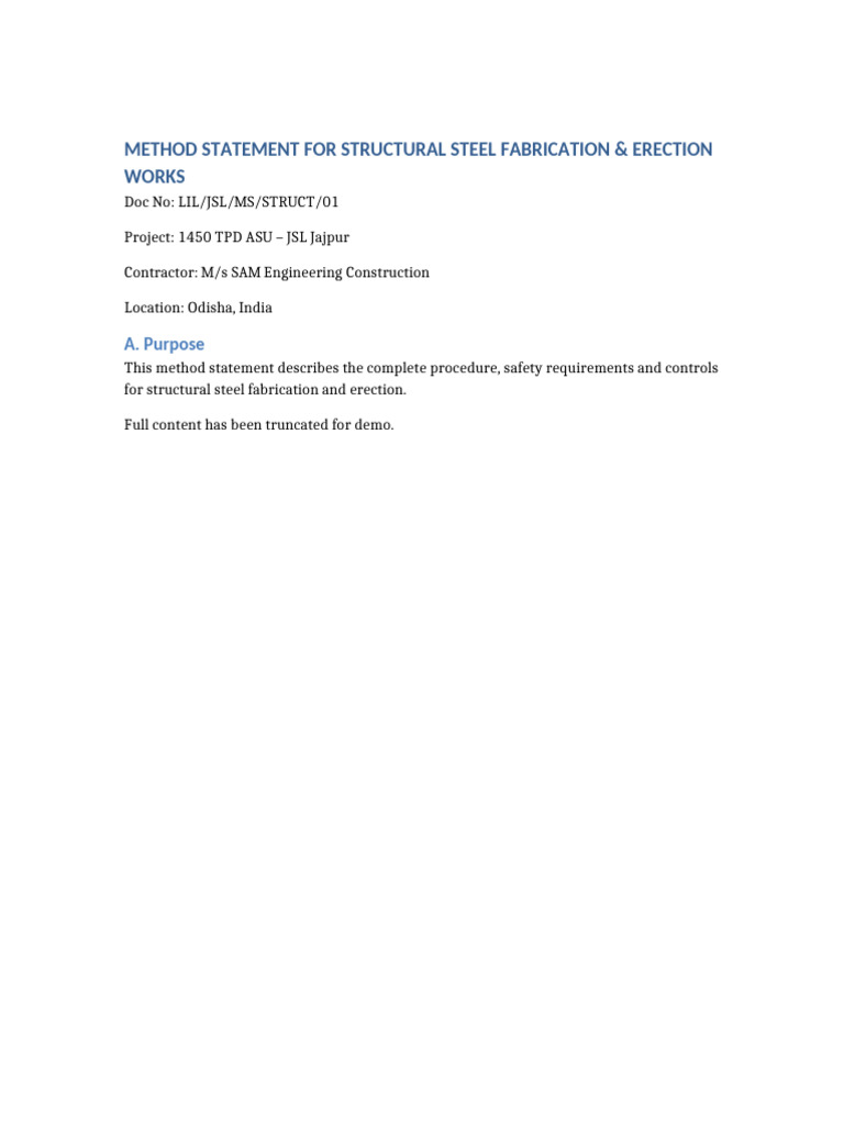 Structural Fab Erection Method Statement | PDF