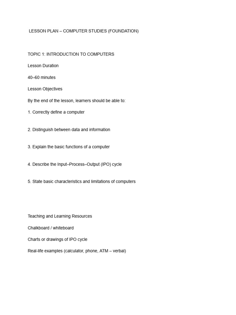 Lesson Plan - Computer Studies | PDF | Computer Data Storage | Learning