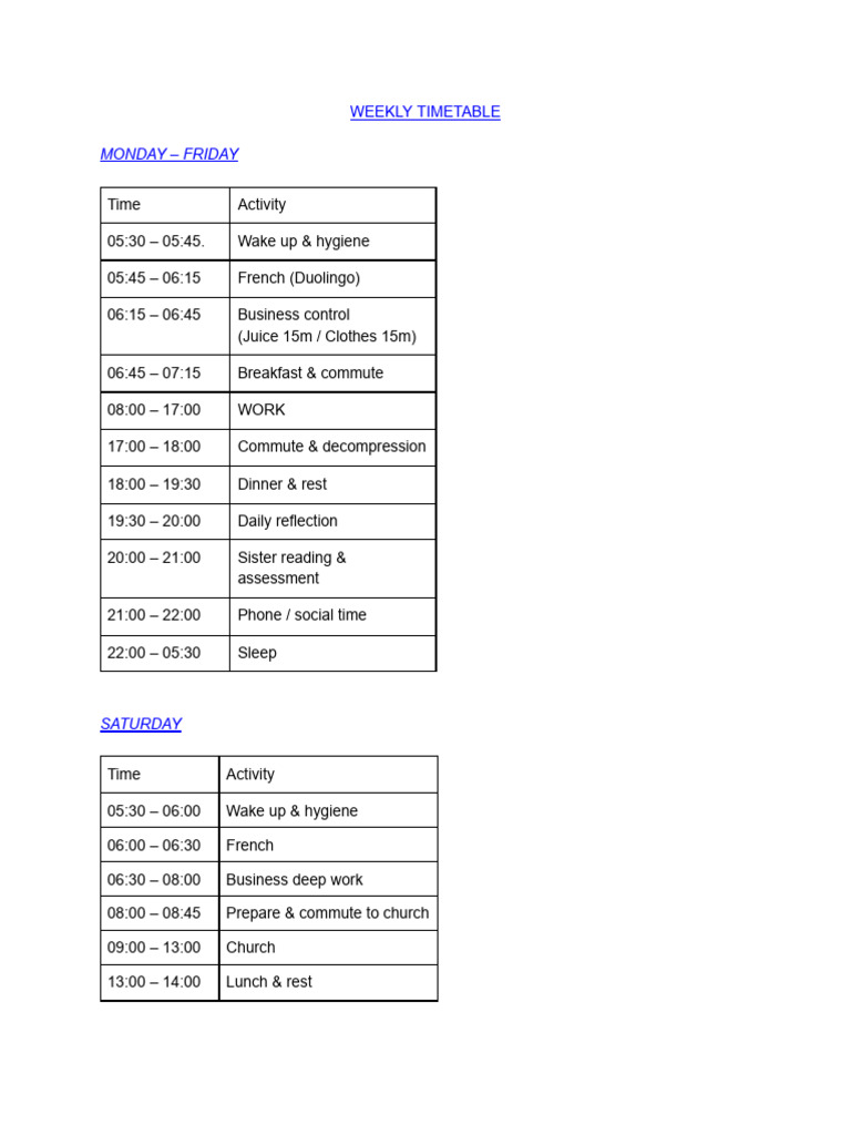 Weekly Timetable | PDF