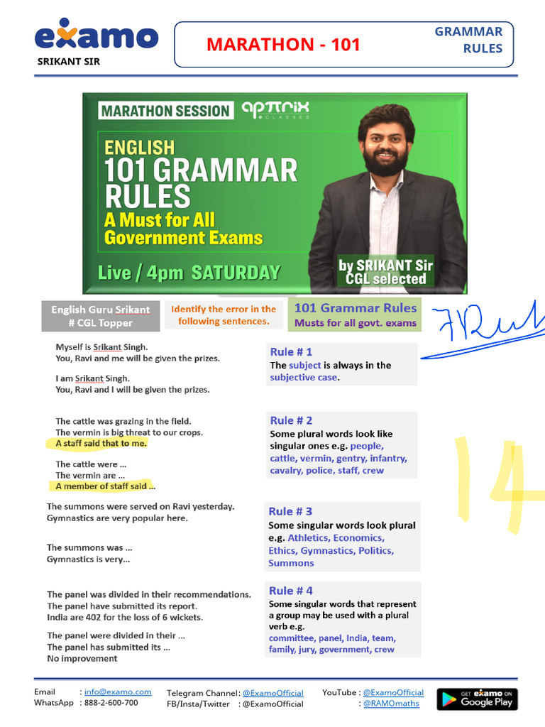 101 Grammar Rules by Srikant Sir | PDF