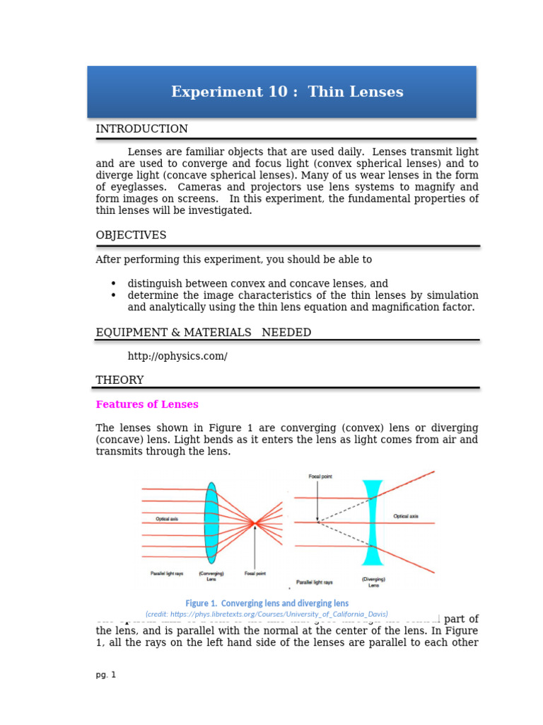 Experiment No. 10. Thin Lenses | PDF | Imaging | Lenses