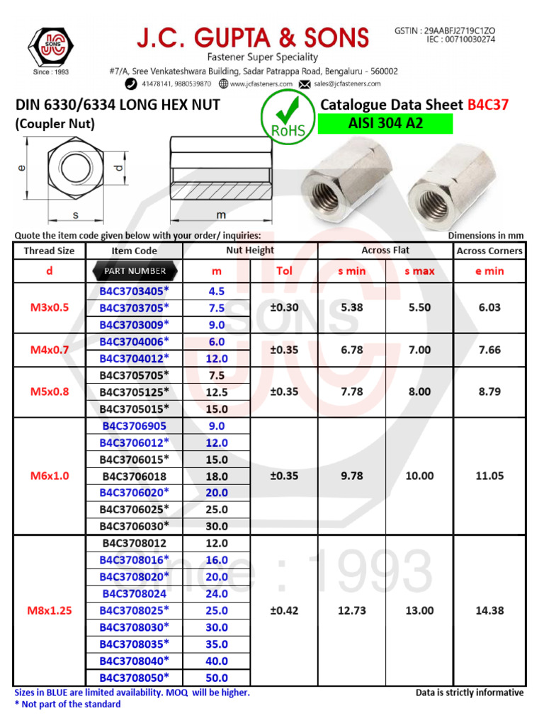 DIN 6330 6334 Long Nut B4C37 SS 304 | PDF | Stainless Steel | Steel
