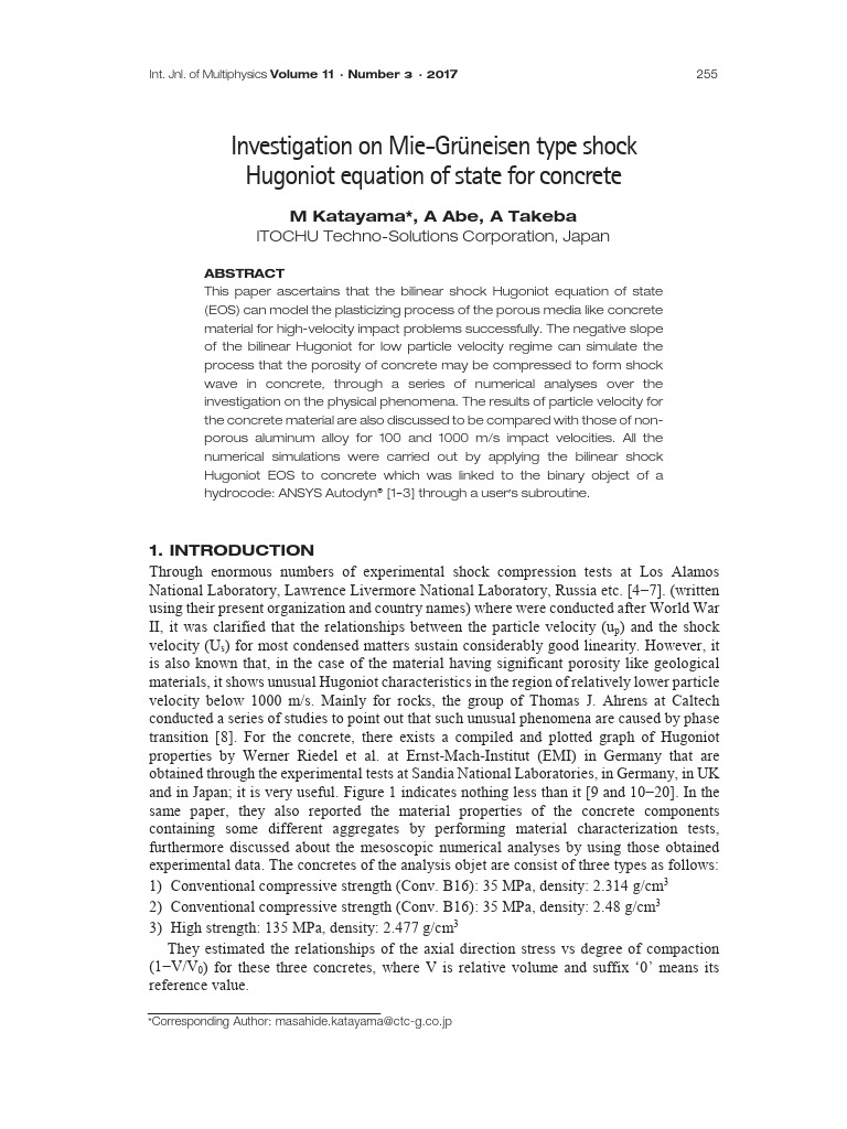 Investigation on Mie-Grüneisen Type Shock Hugoniot Equation of State ...
