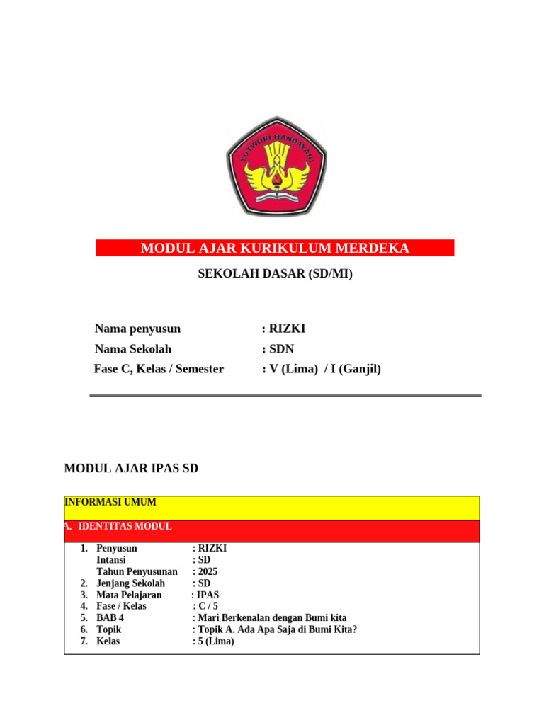 Modul Ajar Kurikulum Merdeka: Sekolah Dasar (Sd/Mi) | PDF