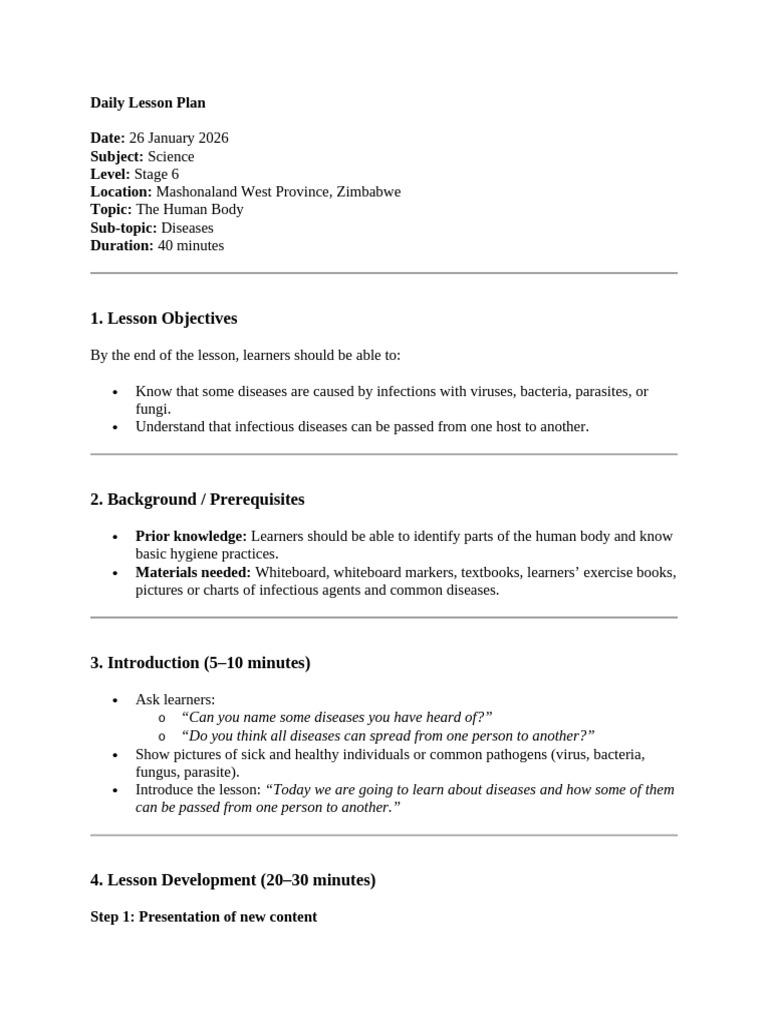 Daily Lesson Plan Science | PDF | Pathogen | Infection