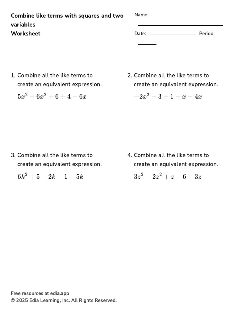 Combine Like Terms With Squares and Two Variables - Worksheet | PDF ...