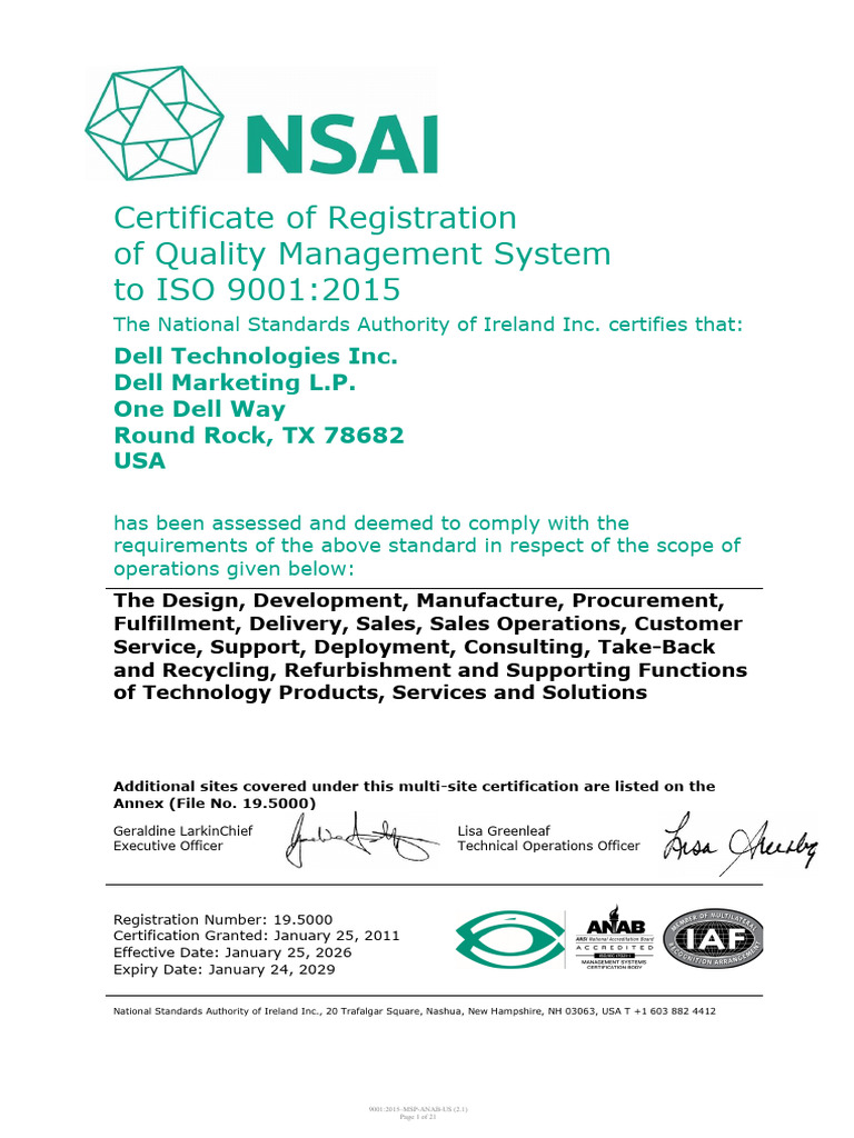 Dell Inc Iso 9001 2015 Multi Site Certificate 2029 | PDF | Computer ...