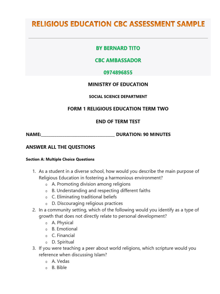 Religious Education CBC Assessment Sample 2 | PDF | Religious Texts | Faith