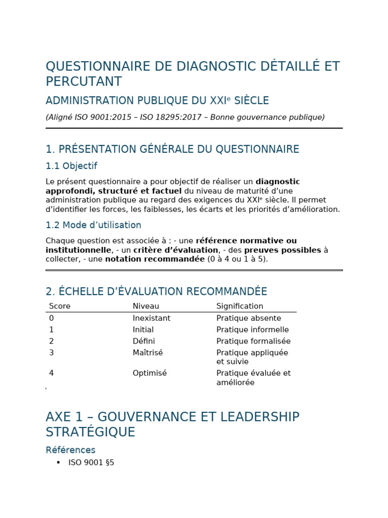 Questionnaire de Diagnostic Détaillé - Administration Publique Du Xxie ...