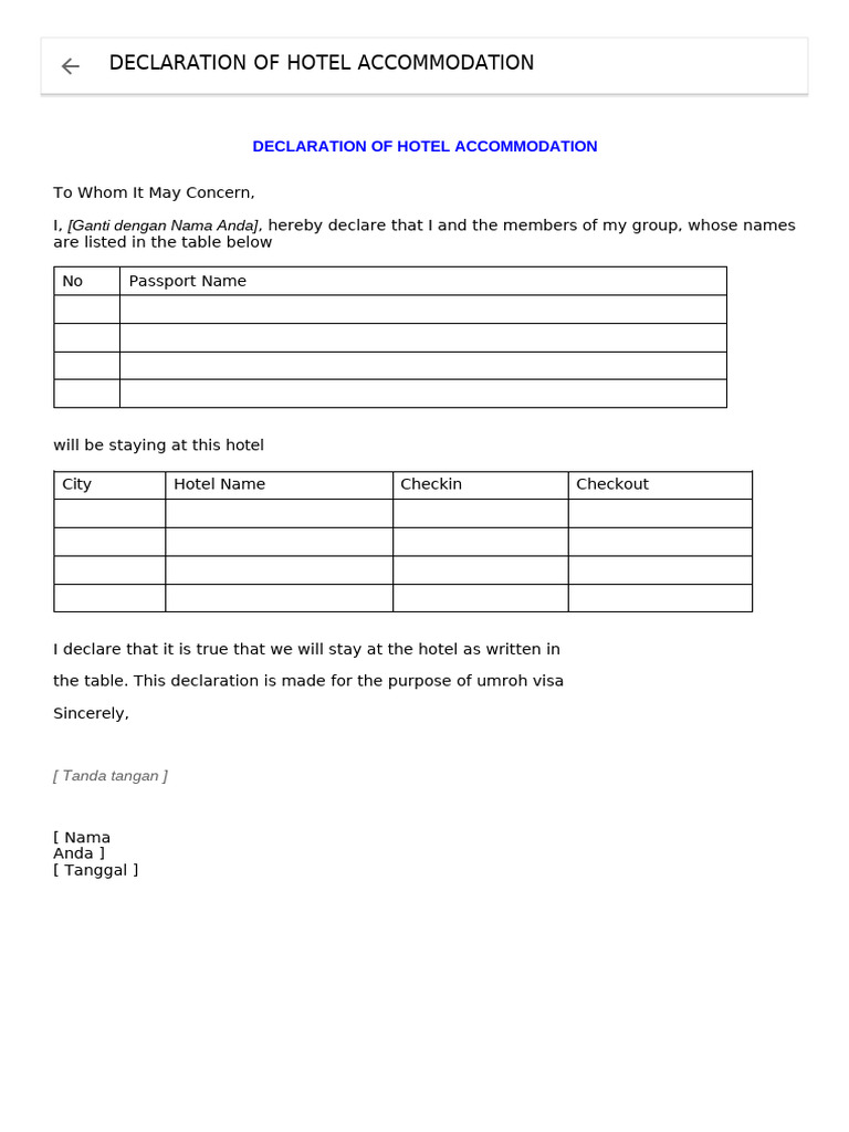 Declaration of Hotel Accommodation | PDF