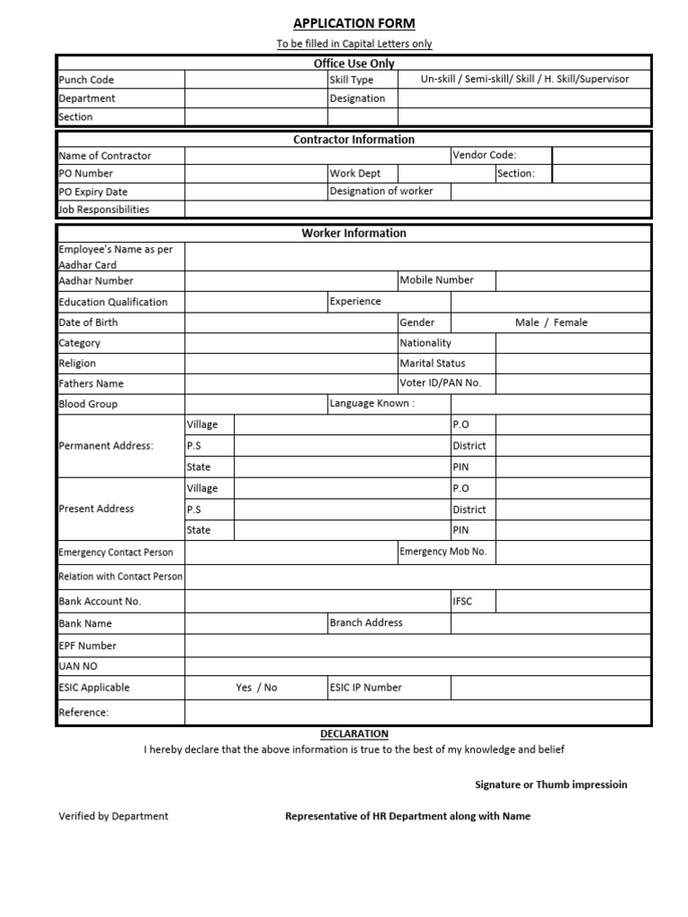 Workmen Employment Application Form | PDF | Access Control